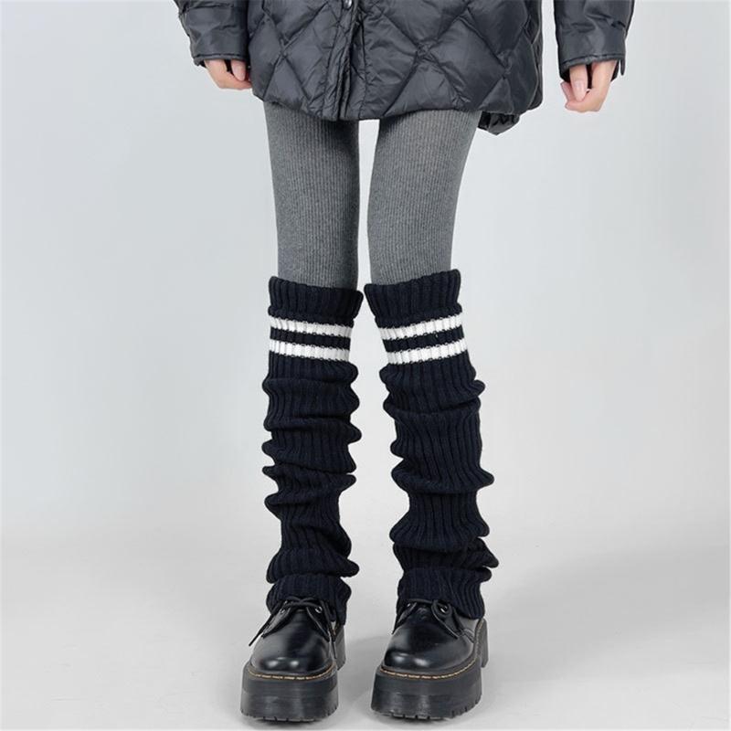 Women Thicken Ribbed Knit Leg Warmer Preppy Style Double Striped Leg Covers Snow Boot Cuffs Over Knee Stacked Long Socks