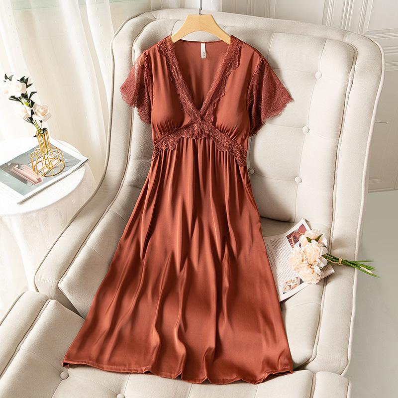 Nightgown Women's Summer Ice Silk Thin Short-sleeved Pajamas New Princess Style Can Be Worn Outside
