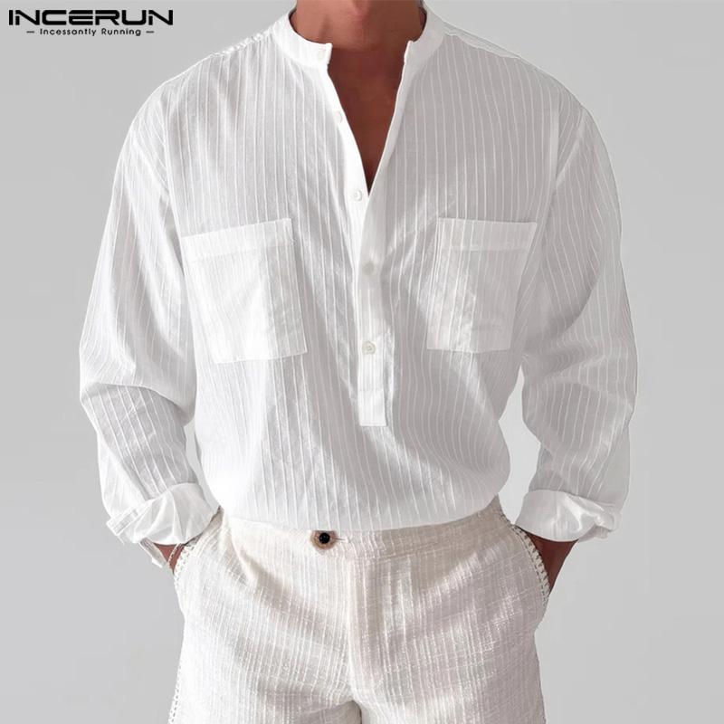 INCERUN Men Collarless Long Sleeve Striped Texture Shirts Casual Tops