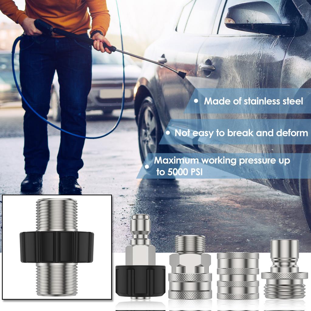 9Pcs Pressure Washer Adapter Set 5000PSI Max Stainless Steel M22 14mm To 3/8 Inch Quick Connect Pressure Washer Hose Fittings