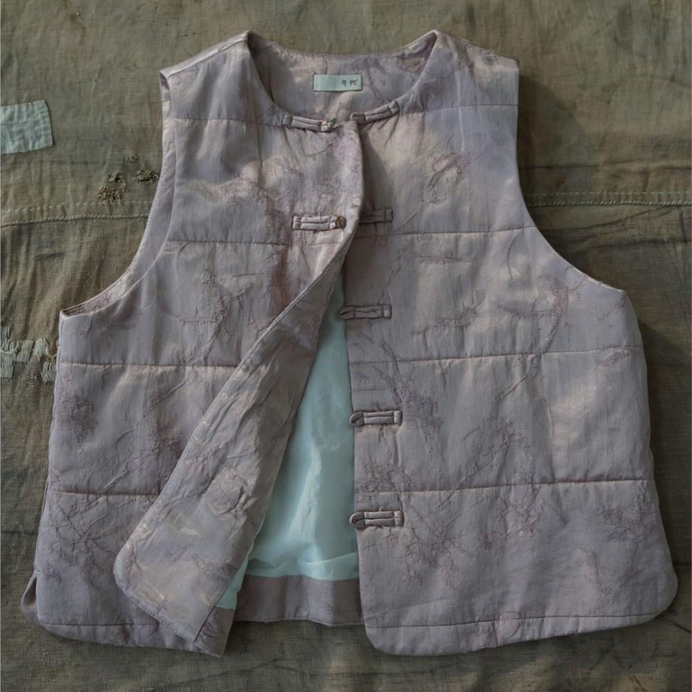 Johnature Women Vintage Winter Coats Jacquard O-Neck Sleeveless Button Chinese Style High Quality Coats