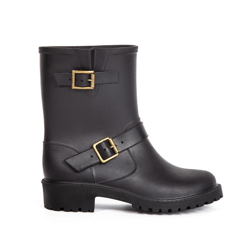 Rain Shoes Women's Locomotive Boots Upper and Lower Buckles Classic Fashion Non-slip Medium Tube Waterproof Shoes Rain Boots
