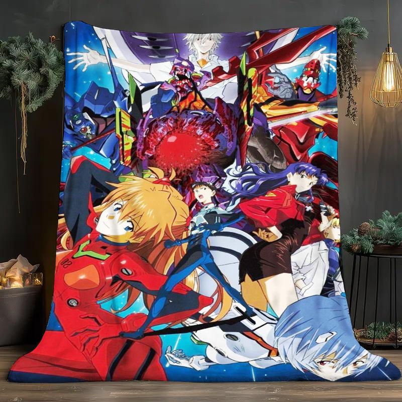 Neon Genesis Evangelion Group Anime Flannel Throw Blanket, Soft Blanket for Sofa Bed, Mecha Character Print Home Decor