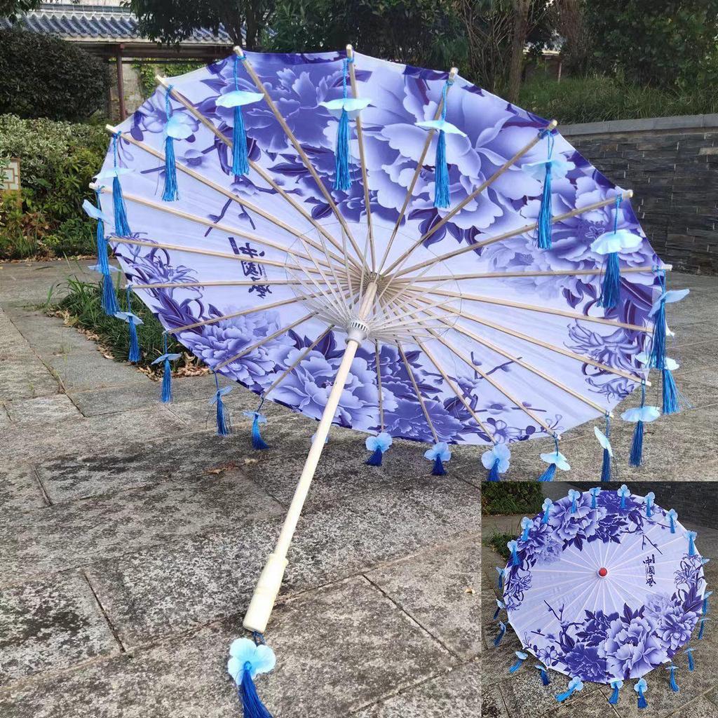 Ancient Style Oil Paper Umbrella with Petal Tassel for Children's Hanfu Dance