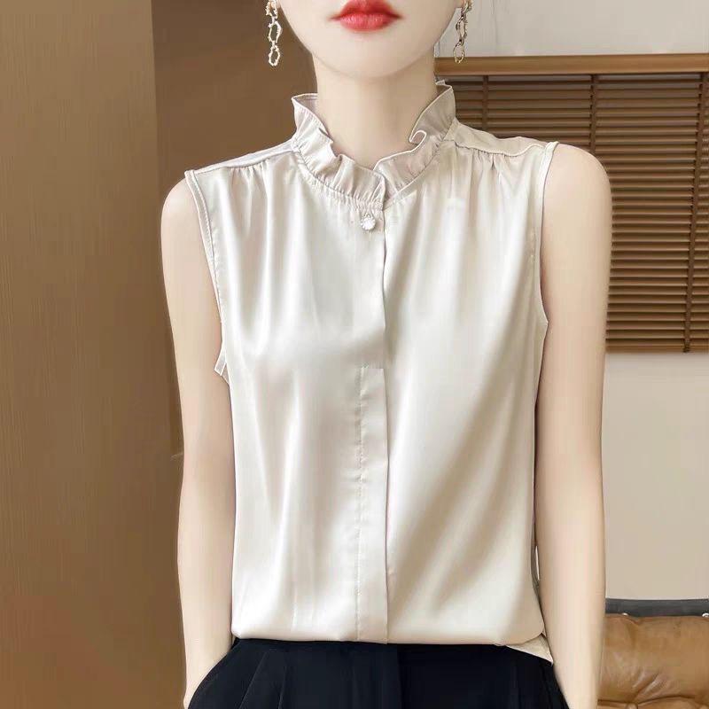 Silky Lotus Leaf Lace Collar Sleeveless Top for Women - Spring/Summer Fashion Layering Essential