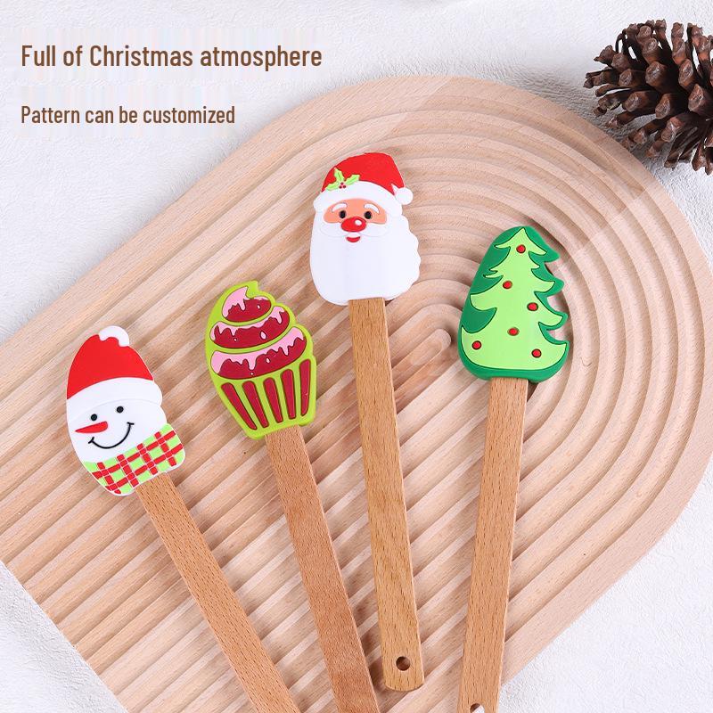 Beech Wood Silicone Christmas Cake Spatula & Scraper for Baking
