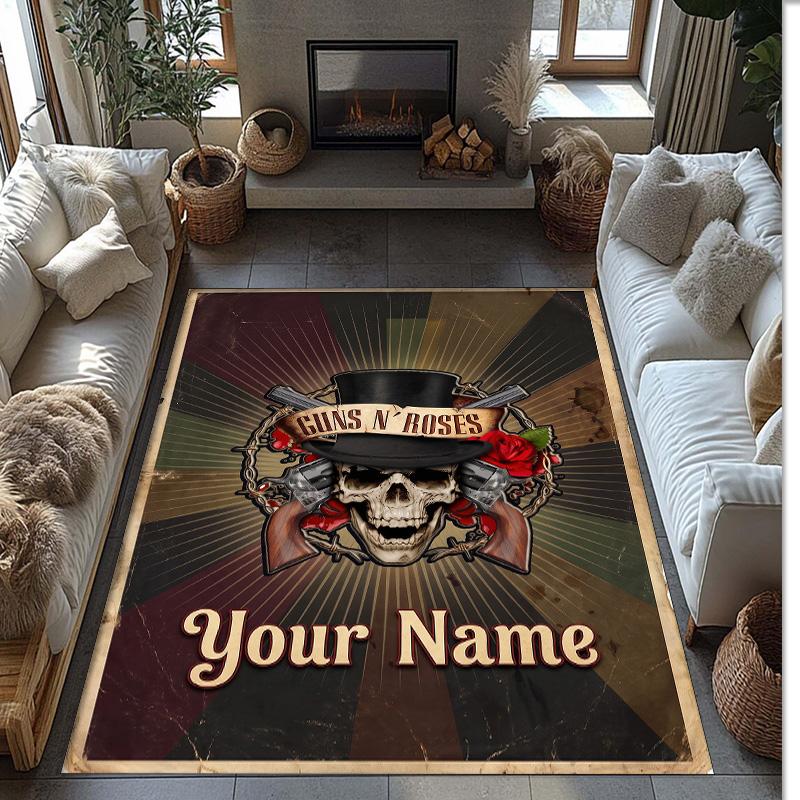 Guns N’ Roses Crystal Velvet Rug, Custom Name Text Personalized Non‑Slip Floor Mat for Home Decor Gift