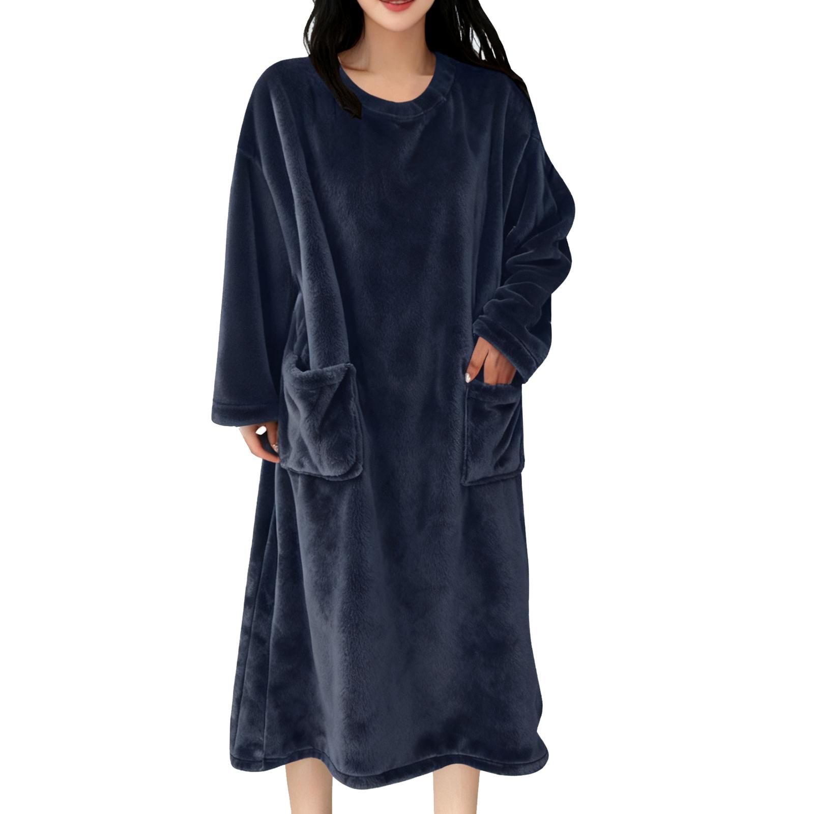 

Женская однотонная пижама с круглым вырезом и длинными рукавами с теплыми чехлами, повседневными карманами, удобная плюшевая ночная рубашка L
