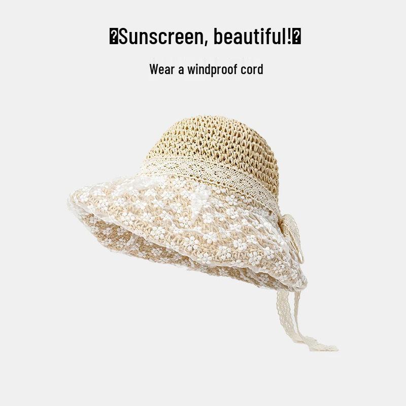 Wide-Brim Lace Flower Straw Hat - Women's Summer Sunshade with UV Protection & Strap
