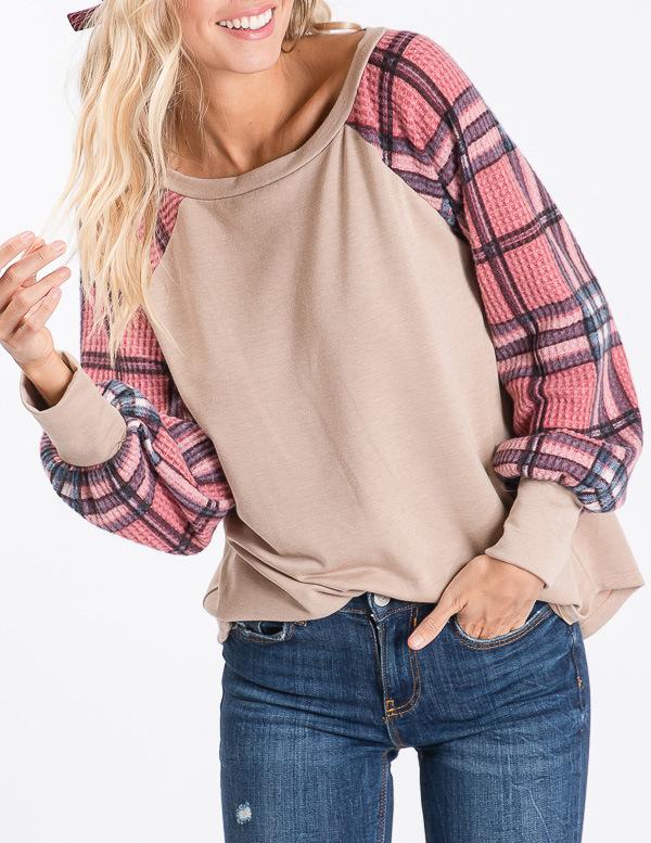 Cross-border Amazon autumn and winter retro top crew neck fashion casual thin plaid splicing commuter women s sweater S розовый
