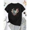 Floral Heart Graphic Women's Fashion Casual Sports T-Shirt Top, Short Sleeve, Round Neck, Leisure Style