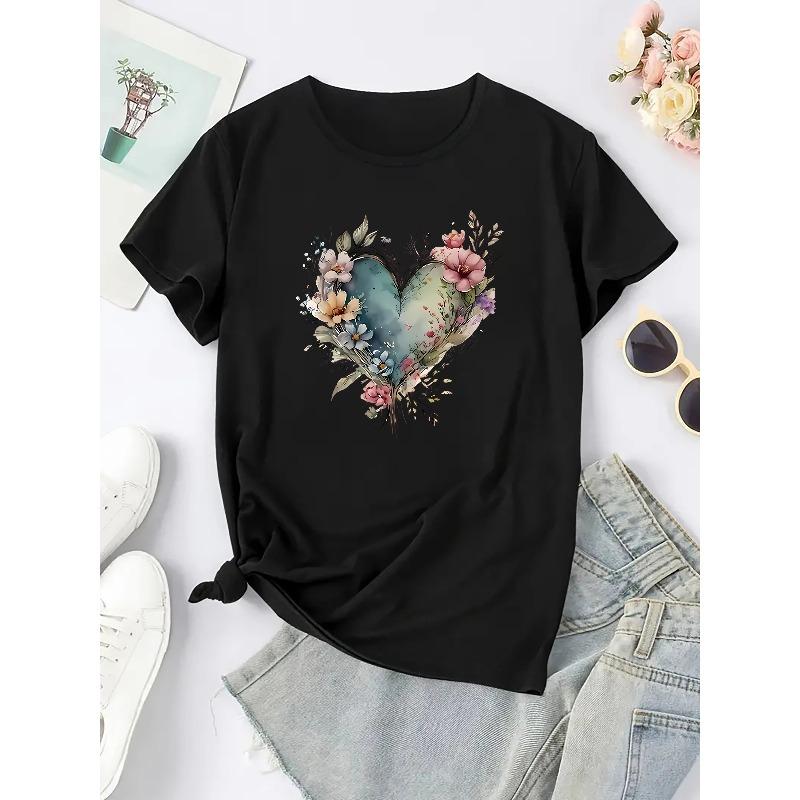 Floral Heart Graphic Women's Fashion Casual Sports T-Shirt Top, Short Sleeve, Round Neck, Leisure Style