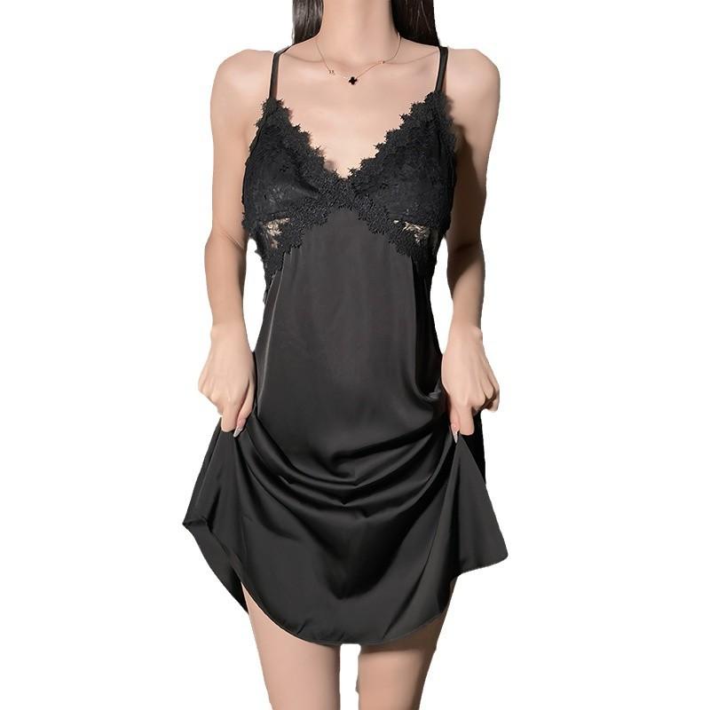 Beautiful yarn new sexy slim lace V-neck suspender nightdress women's pure desire to gather chest pads