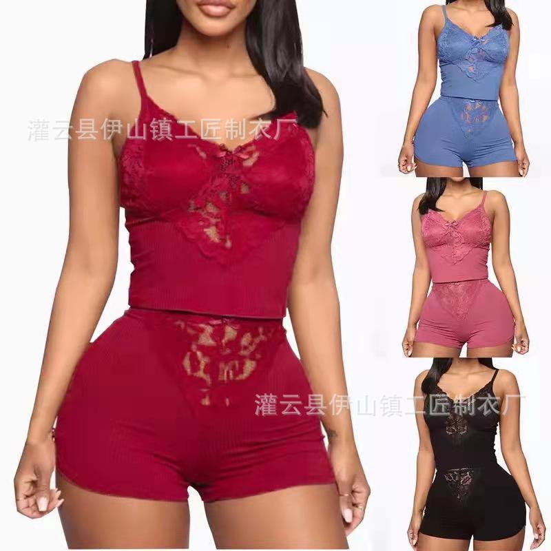 Women s new European and American new loungewear fashionable and comfortable lace lace thin suit S красный