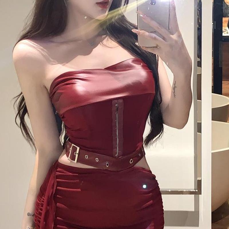 Southeast Asia Women s Leather Patchwork Lace-up Top & Skirt Set Small