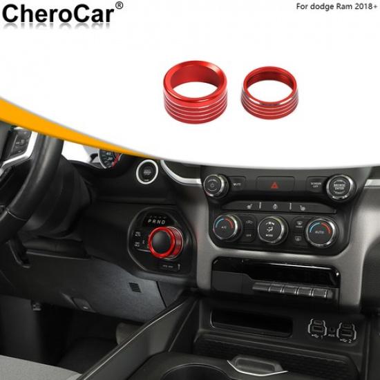 Interior Headlight & Gear Switch Knob Cover Trim Ring for 18+ Dodge RAM 1500 Red