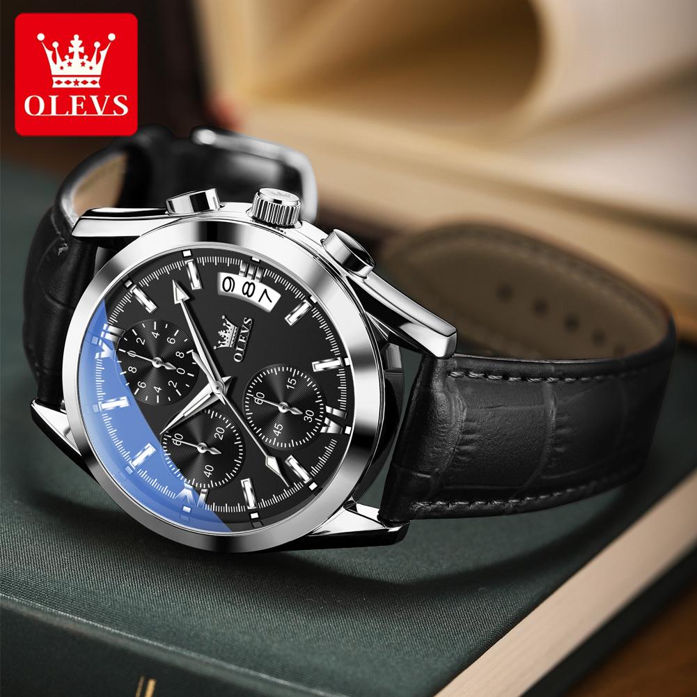 OLEVS 2987 Watches For Man New Original Business Chronograph Quartz Watch Waterproof Luminous Leather Strap Mans Watch Gifts