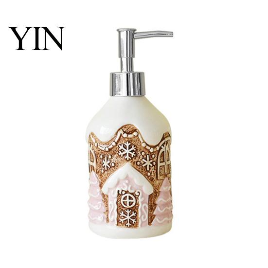 Christmas Theme Container Ceramic Soap Dispenser, Gingerbread Man House Bear Liquid Hand Festive Dispenser Container, Refillable Shower Gel