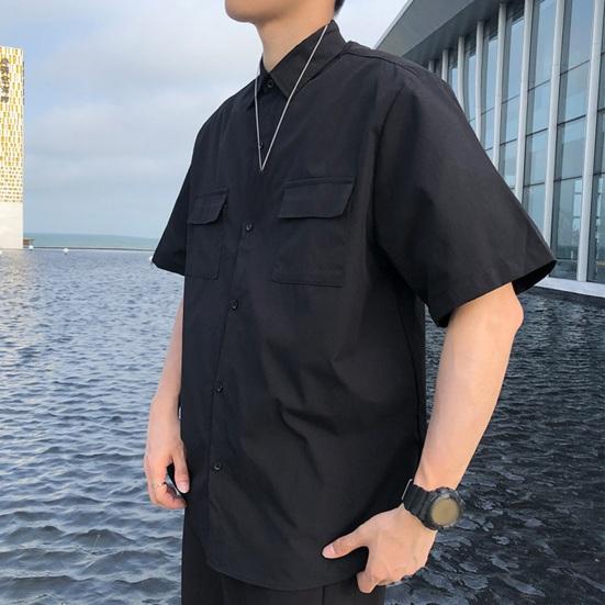 Wiosenna męska koszula cargo z kołnierzykiem, zapinana na jeden rząd guzików, luźna, krótka, w jednolitym kolorze, z kołnierzykiem i rękawami, odzież uliczna, robocza, do dojazdów, do biura, top