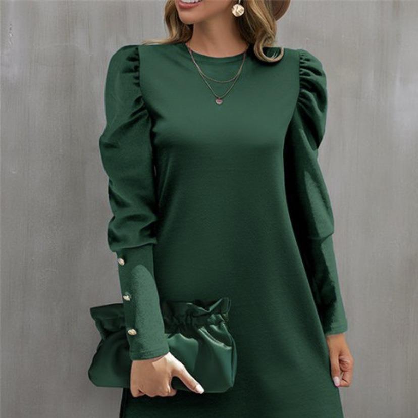 2023 European & American Women's Puff Sleeve Button Top - Autumn/Winter Round Neck Long Sleeve.