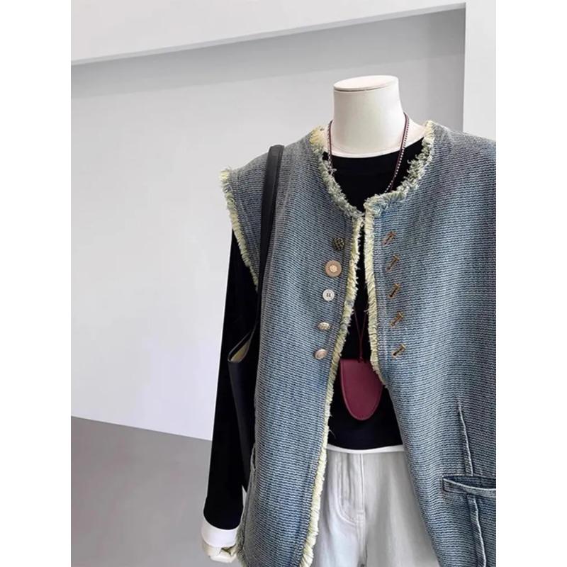 Retro Raw Edge Denim Vest Jacket New Trendy Style Loose Sleeveless Waistcoat Vest