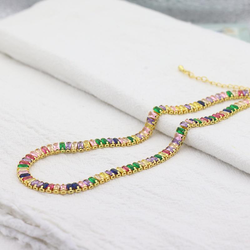 Women's Gold Colorful Choker Necklace Shiny Rainbow Crystal Zircon Tennis Chain Statement Jewelry Dropshipping