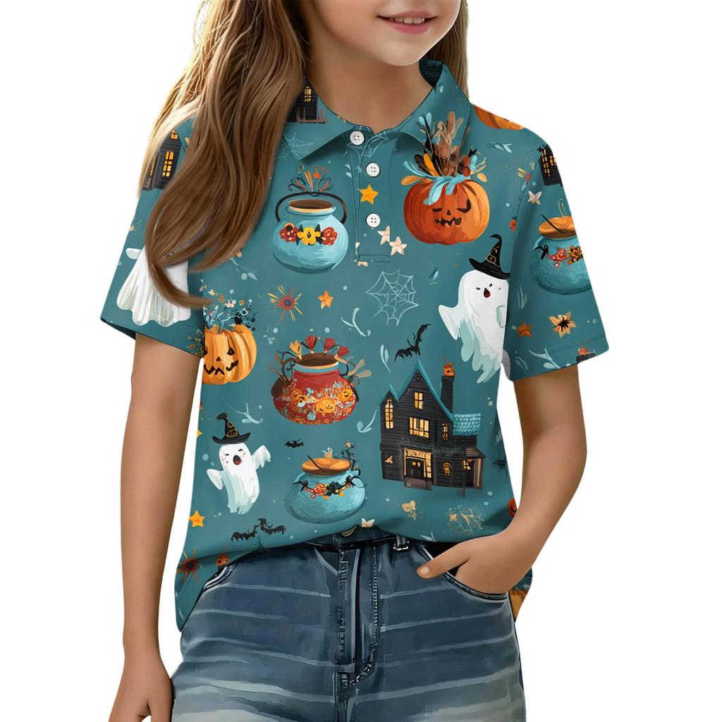 Kids Halloween Print Polo Shirt Short Sleeve Casual Tee Top with Button Collar for Boys Girls Comfortable Fit