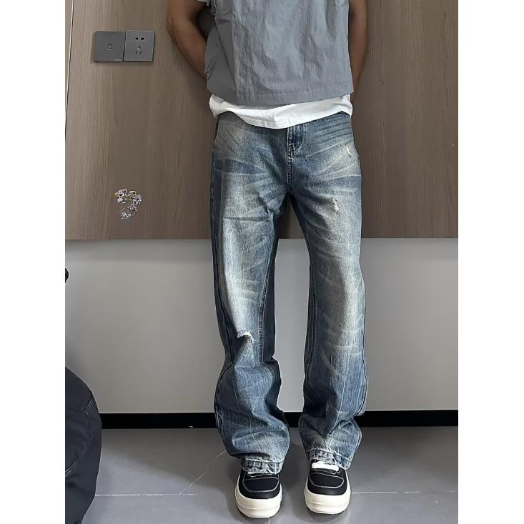 Herbst und Winter Neue amerikanische High Street gewaschene helle Jeans für Männer und Frauen mit geradem Bein, leicht ausgestelltem Bein und weitem Bein