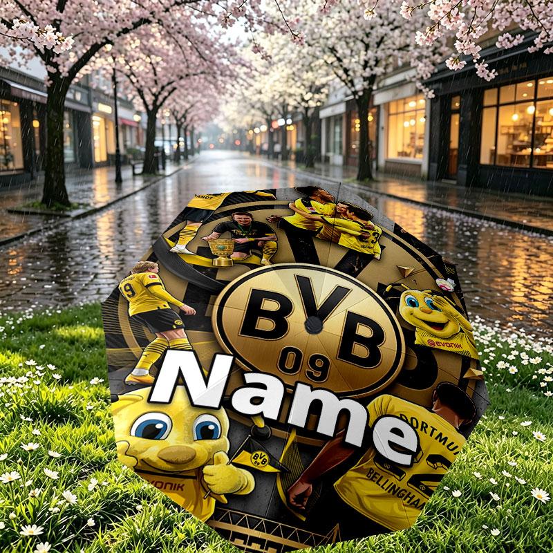 Custom Name Personalized Borussia Dortmund Bvb Print Umbrella, Auto Open Close, 8‑Rib Sturdy Frame, Commute Camping Hiking Use, Birthday Gift