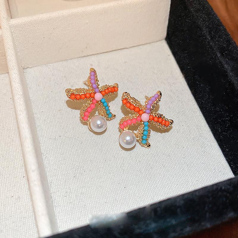 

Cute Sweet Girl Metal Shell Starfish Earrings Women Summer Bohemian Beach Trip Style Fashion Birthday Party Zircon Gift