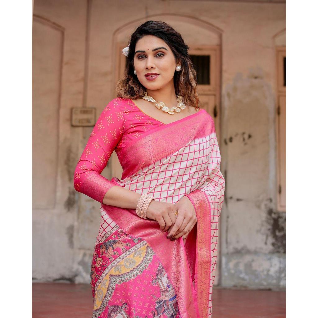 Pure Silk Digital Printed Saree, Exuding Regal Charm With Its Rich Pallu And Intricate Brocade Blouse