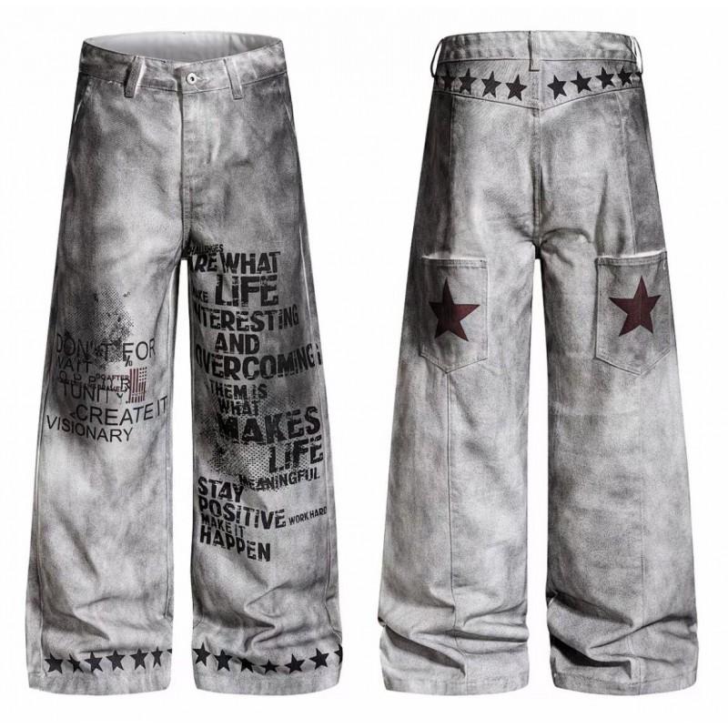 American Street Graffiti Jeans Men Women Loose Fit Wide Leg Denim Pants Casual All-Match