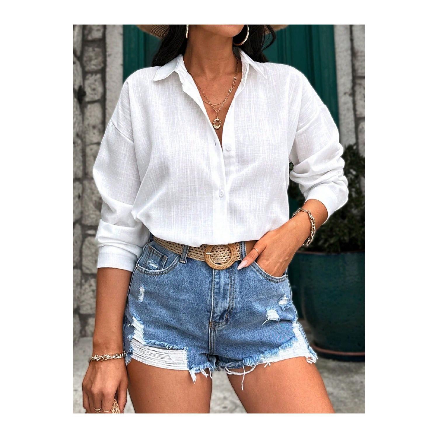 

Женская льняная белая рубашка оверсайз S белый