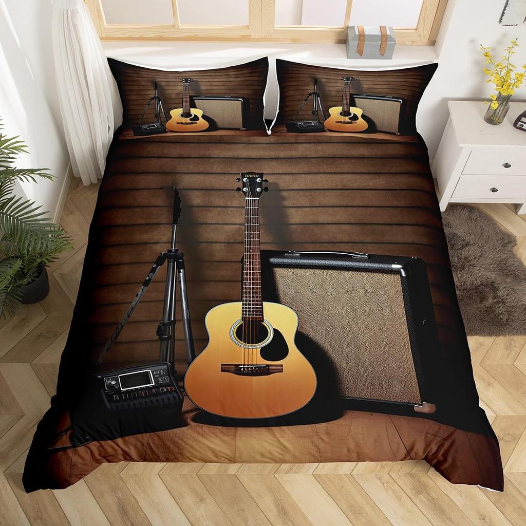Gitarre Bettwäsche Set Einzelbett Jungen Mädchen Musik Thema Gitarre Bettbezug Klassische Gitarre Deckenbezug Vintage Tagesdecke Abdeckung