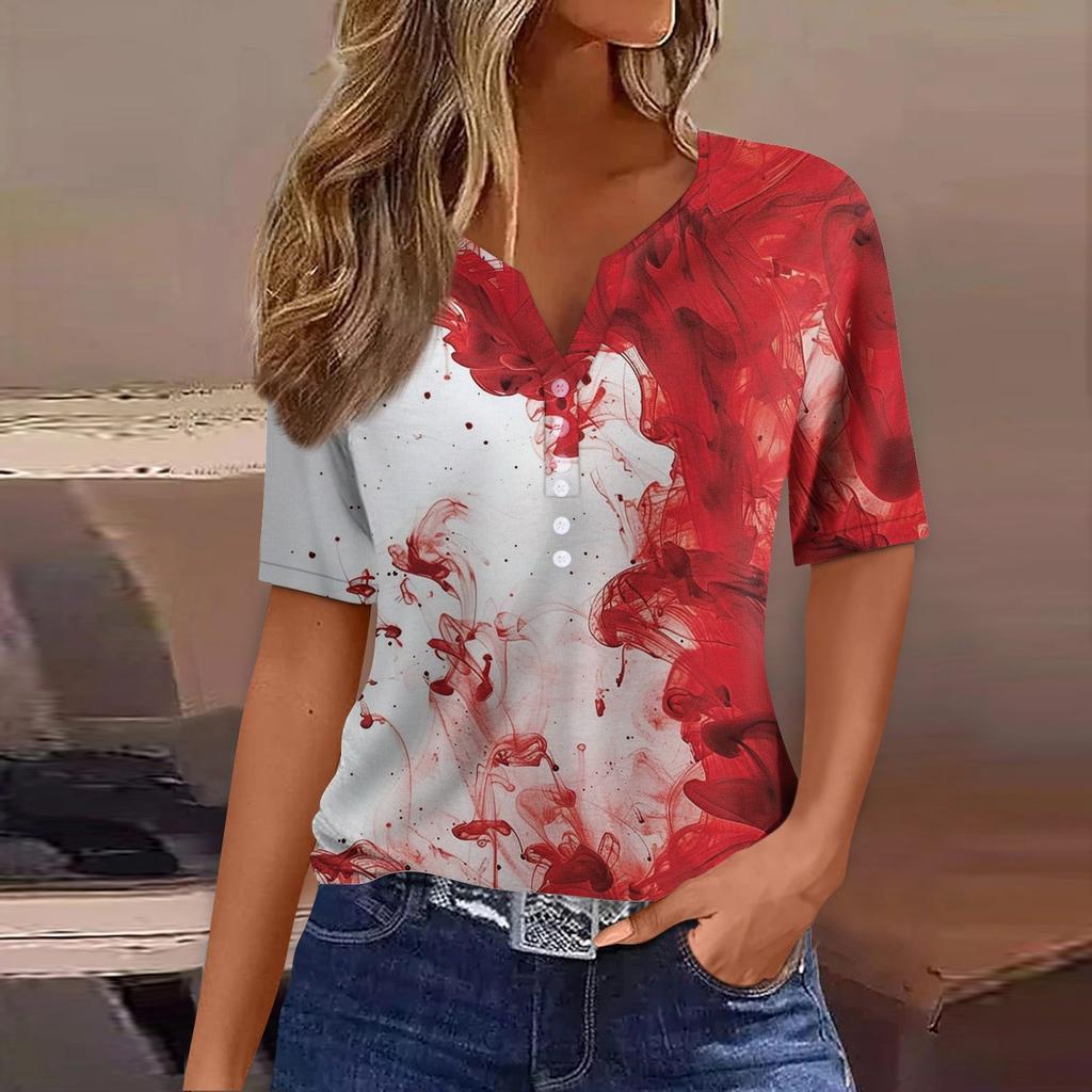 Dames T-skjorte Tee Halloween Trykket Knapp Kortermet Tunika Daglig Helgemote Basic V-hals Vanlig Topp