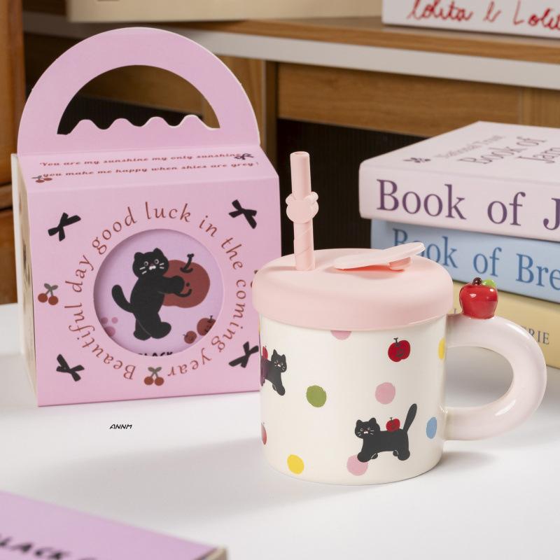 High Value Souvenir Apple Mug with Lid Gift Box Household Water Cup Cute Straw Cup Ceramic Coffee Cup
