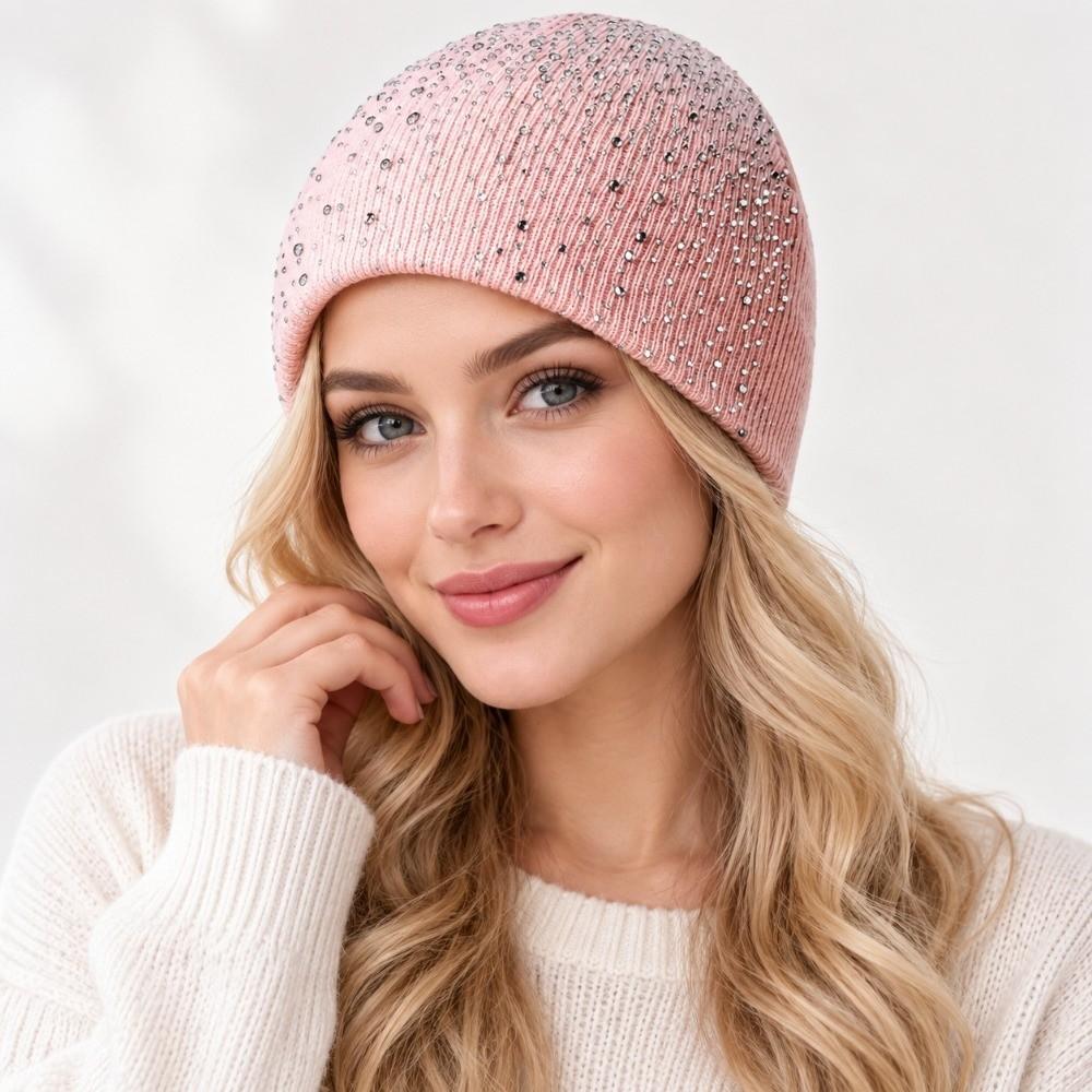 Rhinestone Decor Warm Winter Hat Stretchy Fit Winter Knitted Cap Outdoor Streetwear