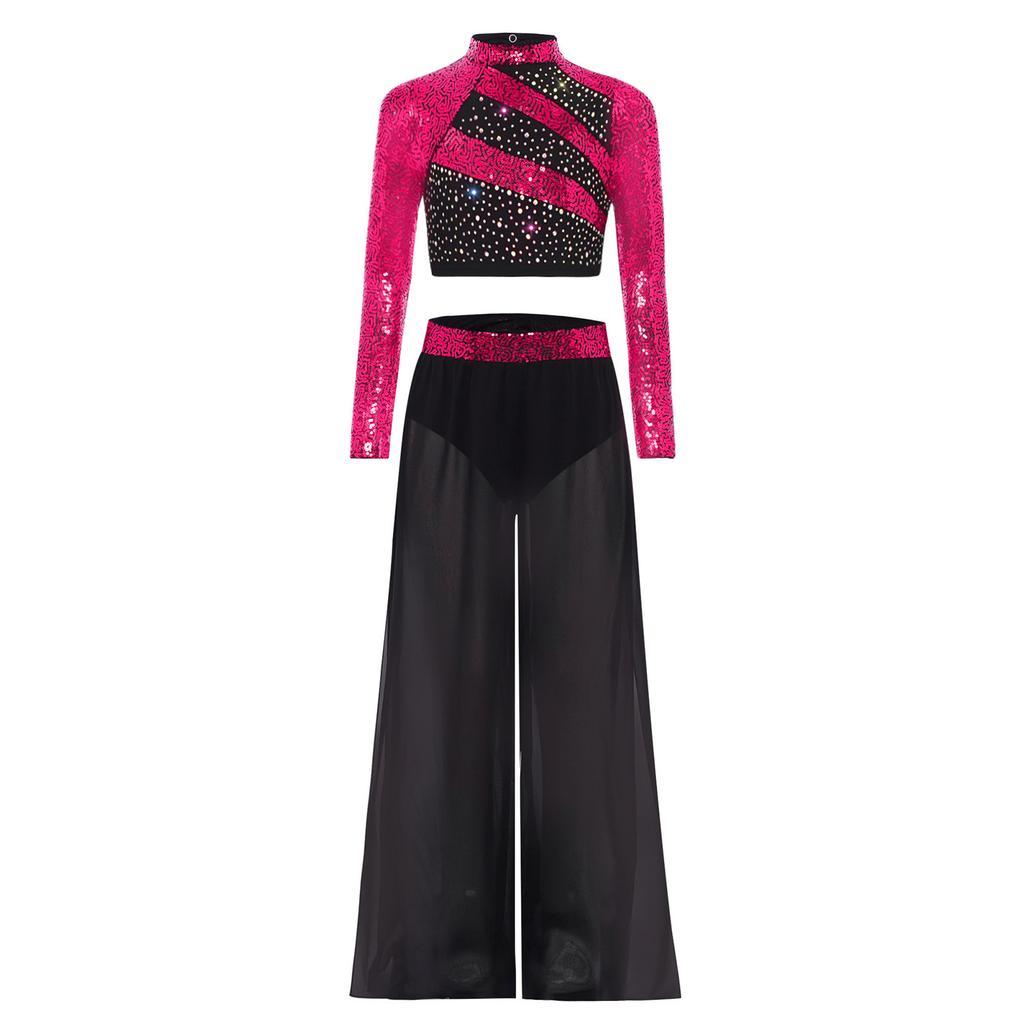 Girls Performance Dance Set Mock Neck Long Sleeve Sequins Crop Top Flowing Chiffon Wide Leg Dance Pants