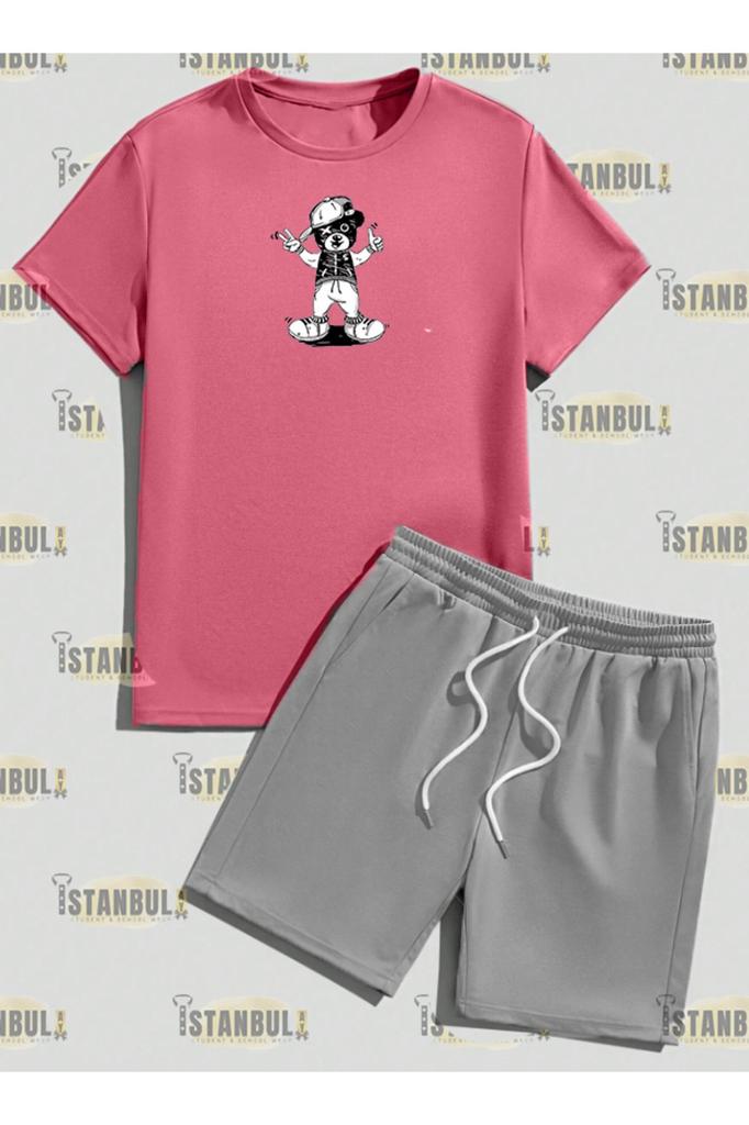 Conjunto de camiseta y pantalones cortos con estampado de oso Happy Street para hombre, talla grande, talla grande, conjunto de parte superior inferior de chándal