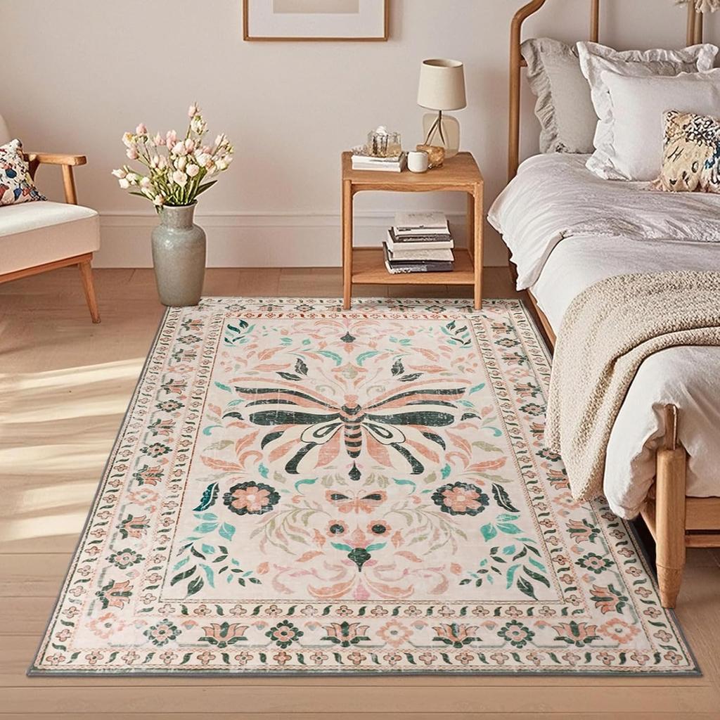 Pink Living Room Carpet Retro Butterfly Floral Print Bedroom Rug Machine Washable Non-slip Coffee Table Sofa Mats Tapis Alfombra