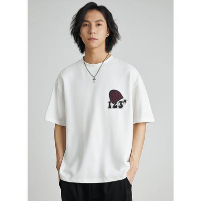 Men's Cartoon Embroidered Print Trendy Brand Fashion Short Sleeved T-shirt Summer Loose Heavy Weight Men's and Women's Same Style Half Sleeved T