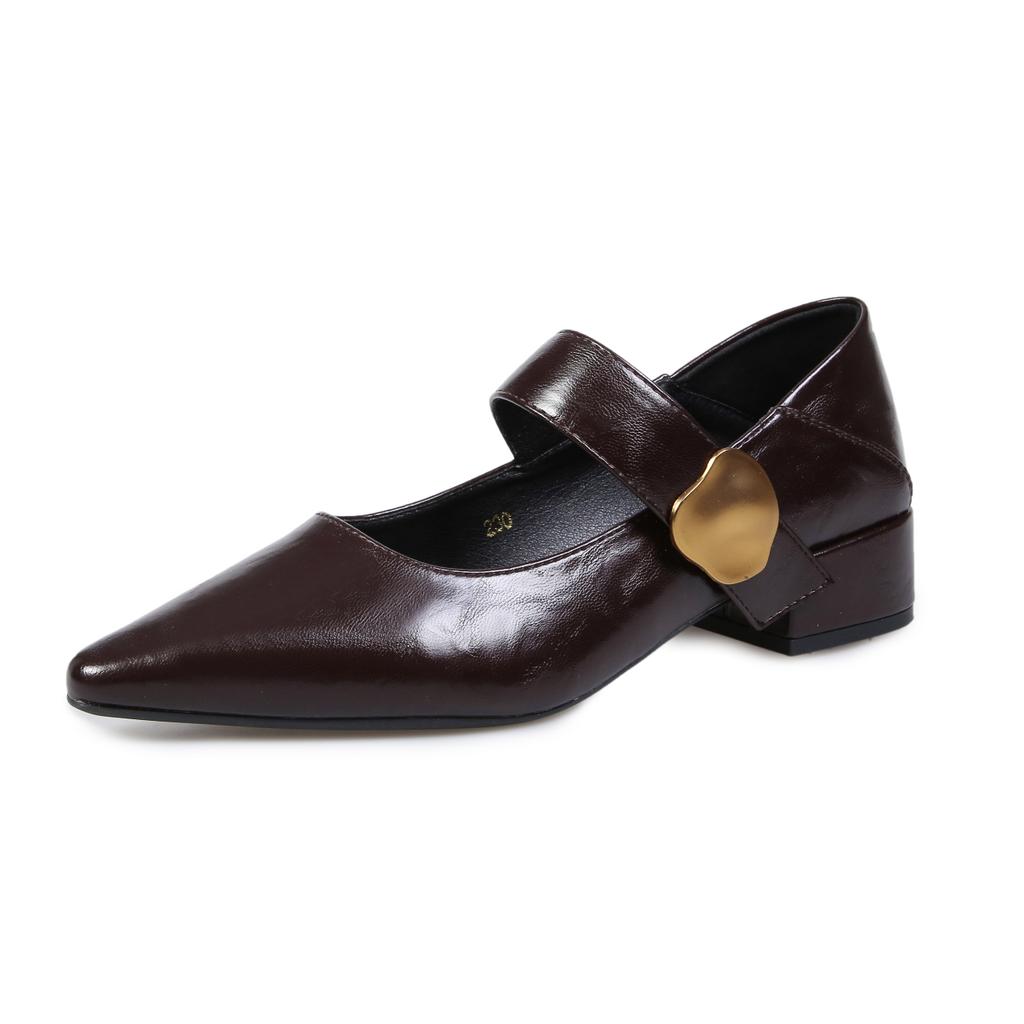 Women's Coarse Heel Shoes Autumn New Pointed Head Shallow Mouth Metal Buckle Anti-slip Wear-resistant Low-top Shoes
