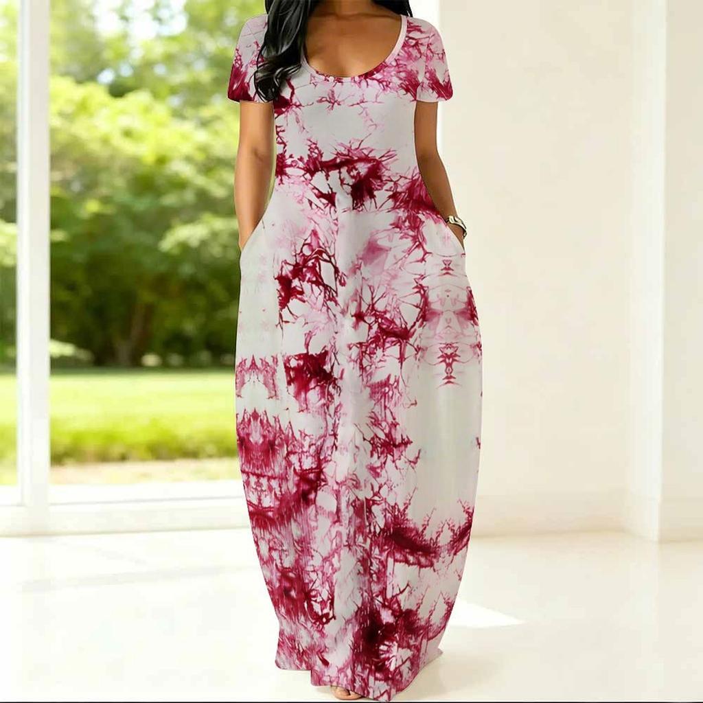 Women Loose Round Neck Short Sleeve Gown Plus Size Stylish Outfit Ideal For Summer Outdoor Activities