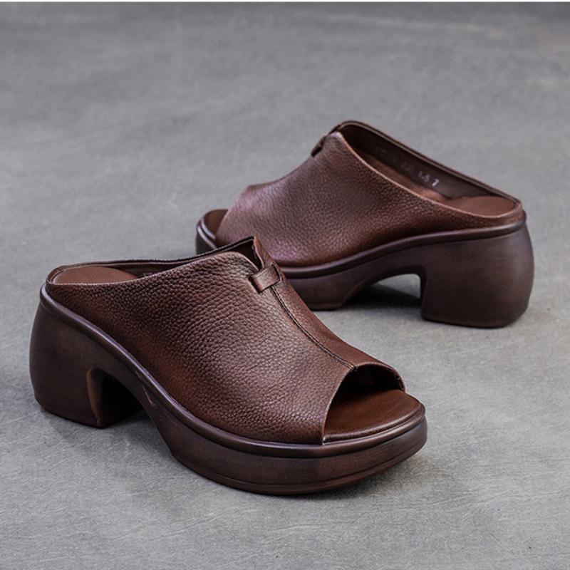 Johnature Sandalias retro de piel auténtica con suela gruesa y punta abierta, zapatos casuales y cómodos para mujer