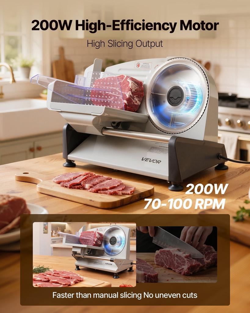 Meat Slicer, 200W Electric Deli Slicer Machine with 190 Mm Sharp Blade, Home Meat-Slicer with 70-100 RPM Slicing Speed, 0-15 Mm Adjustable Thickness,