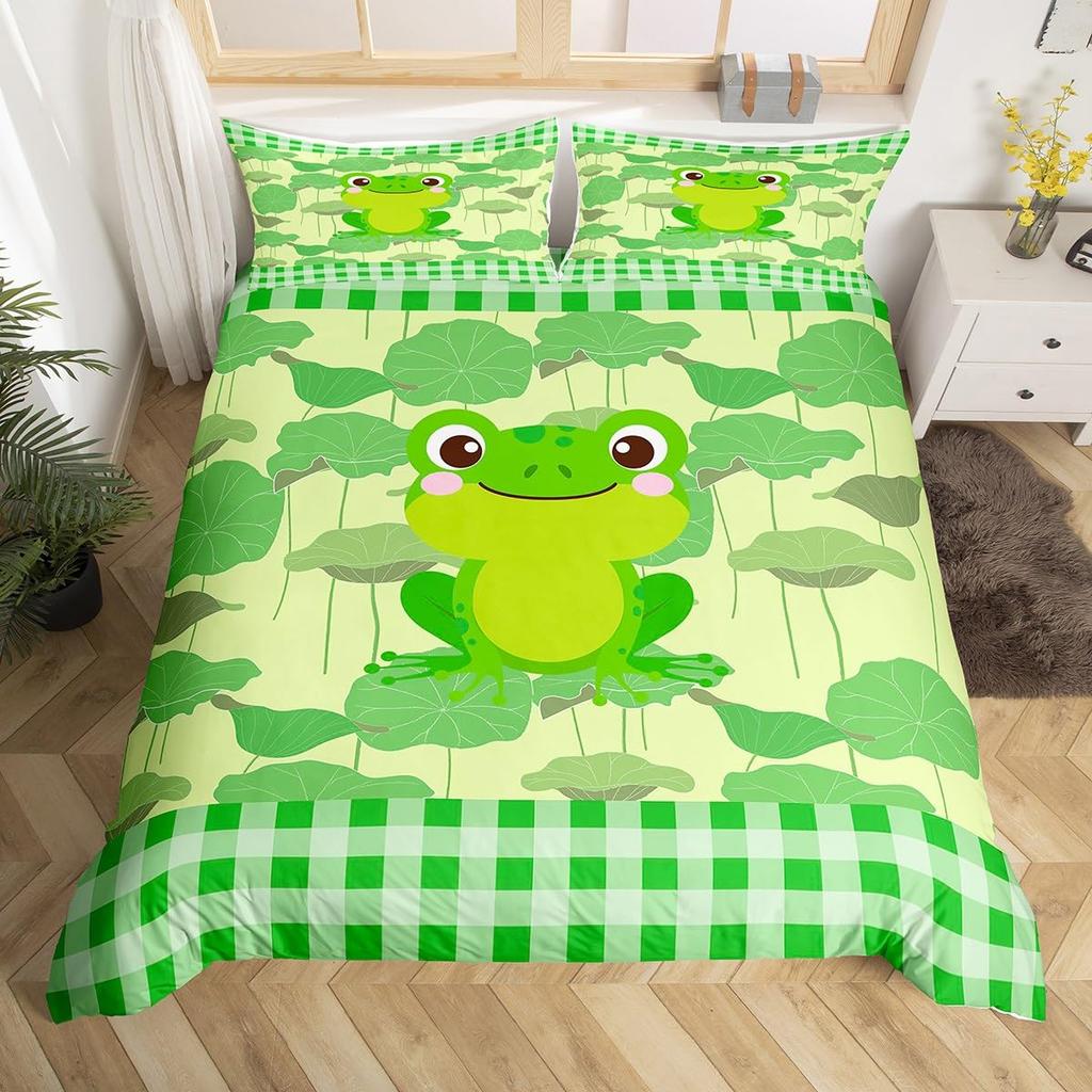 Frog And Lotus Leaf Duvet Cover Sets For Kids Boys Girls Lightweight Quilt Covers Green Animals Themed Bedding Set Bedroom Decor