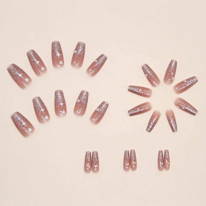 24 Pcs Medium and Long Sweet Valentine's Day Manicure Temperament Cat Eye Glitter Powder Star Love Fake Nails Wear Nail Pads