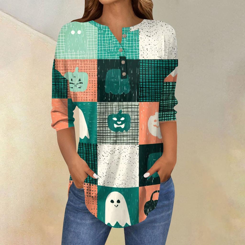 Women's Fashion Loose Button Collar Halloween Print Long Sleeve T-Shirt Top Pullover