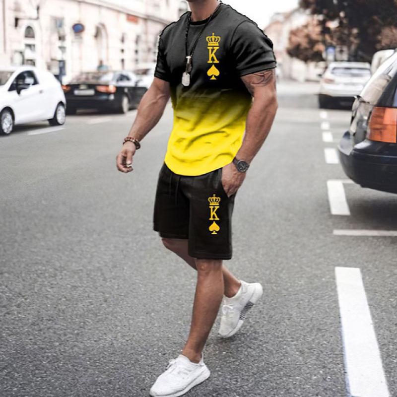 Summer Casual Men's Adult Set 3D Printed Pattern Men's Short-Sleeved T-shirt Set Gradient Cool Casual Sports Shorts two-Piece