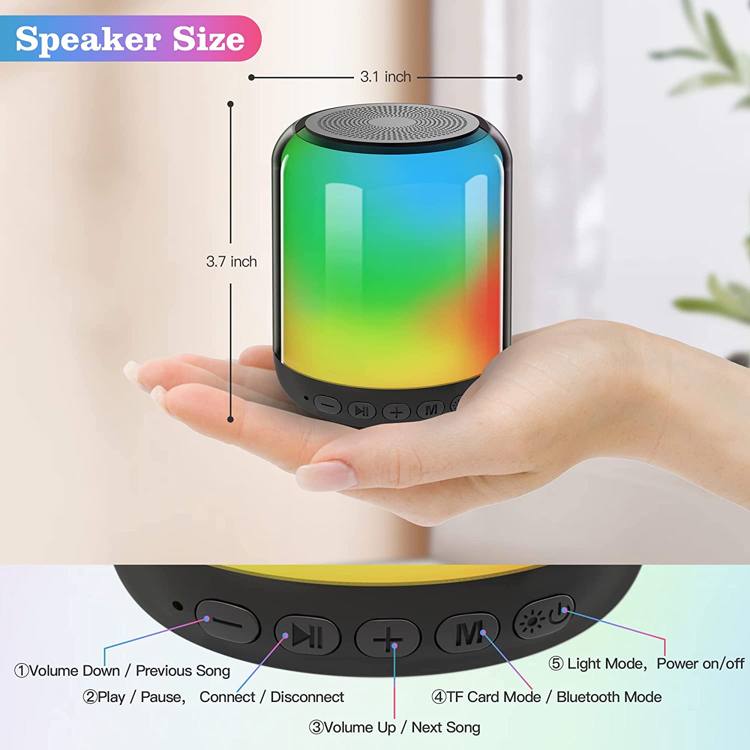 

Colorful Bluetooth Speaker, Night Light Bluetooth Audio Player, with TF card slot, 6W high power, long battery life
